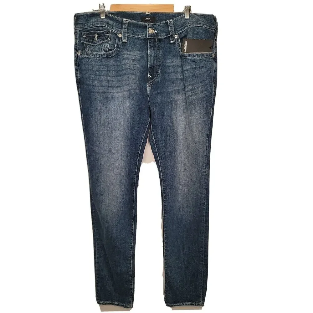 True Religion Men's Blue‎ Rocco Dark Wash Relaxed Skinny Flap Jeans Size 40x33